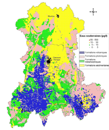 Figure Carte des concentrations en arsenic dans les eaux souterraines en région Auvergne (document repris du BRGM, 2006).
