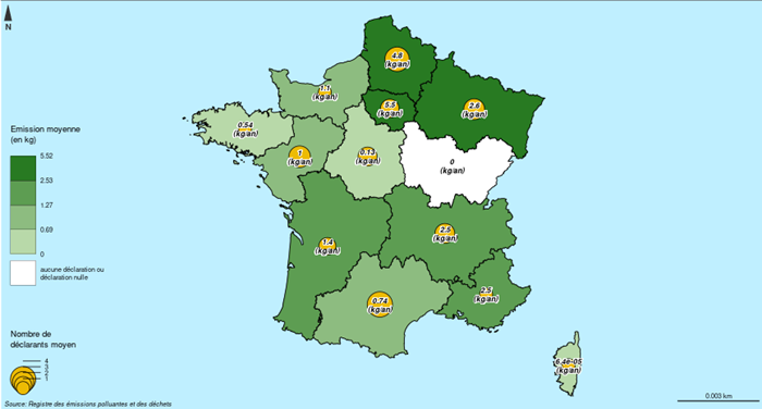 Figure 3. Répartition géographique des émissions moyennes de diuron déclarées dans l’eau (rejet direct) en France entre 2013 et 2023