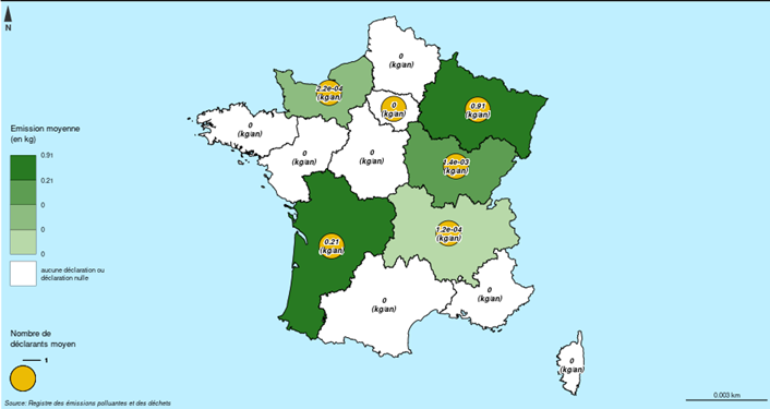 Figure 4. Répartition géographique des émissions moyennes de diuron déclarées dans l’eau (rejet indirect) en France entre 2013 et 2023